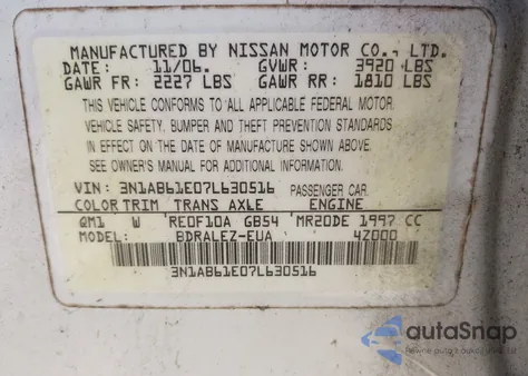 2007 Nissan Sentra 2.0S z USA, uszkodzony, nr VIN 3N1AB61E07L630516